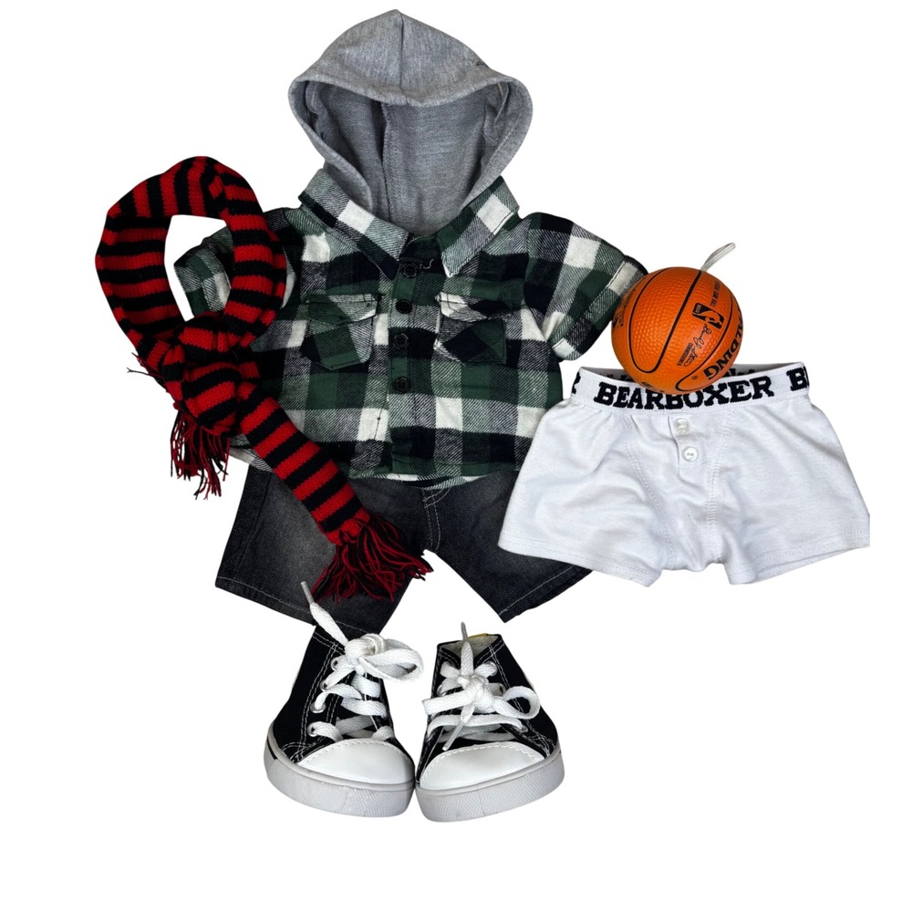 Build-A-Bear Outfit Lot Plaid Hoodie Denim Shorts Shoes Basketball Scarf